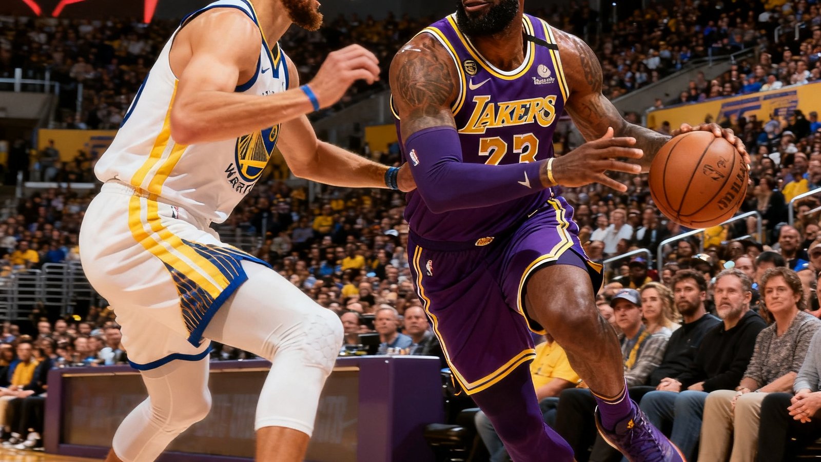 NBA常规赛湖人主场对阵勇士的直播画面，斯台普斯中心座无虚席，詹姆斯持球突破面对库里的防守